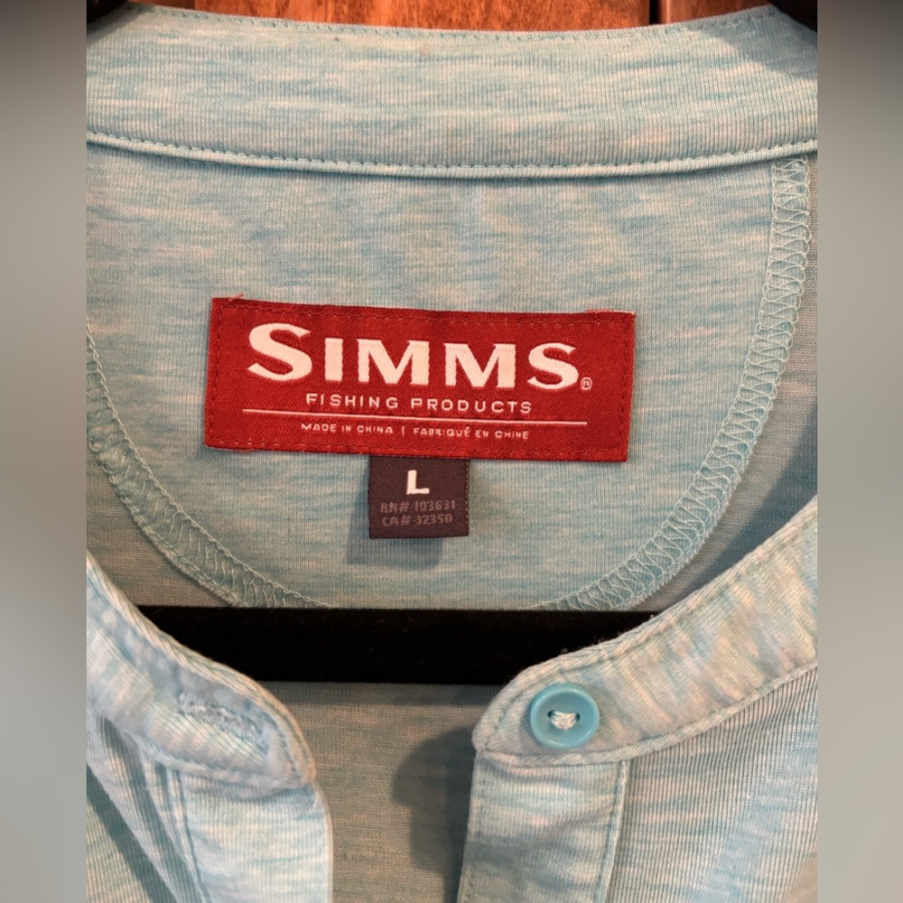 Simms Womens Drifter Tech Tee Roll Tab Sleeve Aqua Blue Henley Shirt